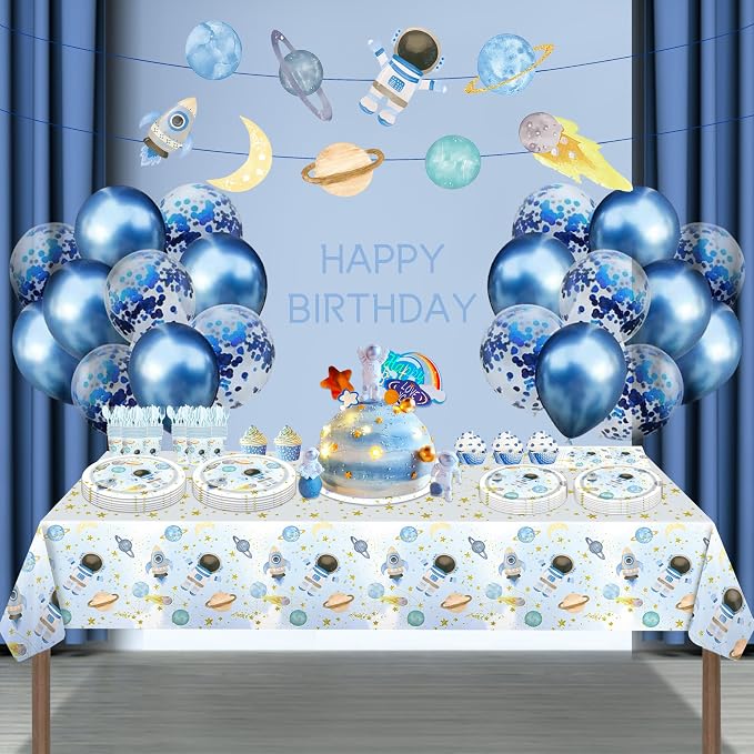 Space Themed Party Decorations,Space Party Decorations,Two The Moon Birthday-173pcs Space Supplies: Tableware & Decorations: Astronaut Plates,Cups,Napkins,Cutlery,Tablecloth,Banner,Balloons(20 Guests)