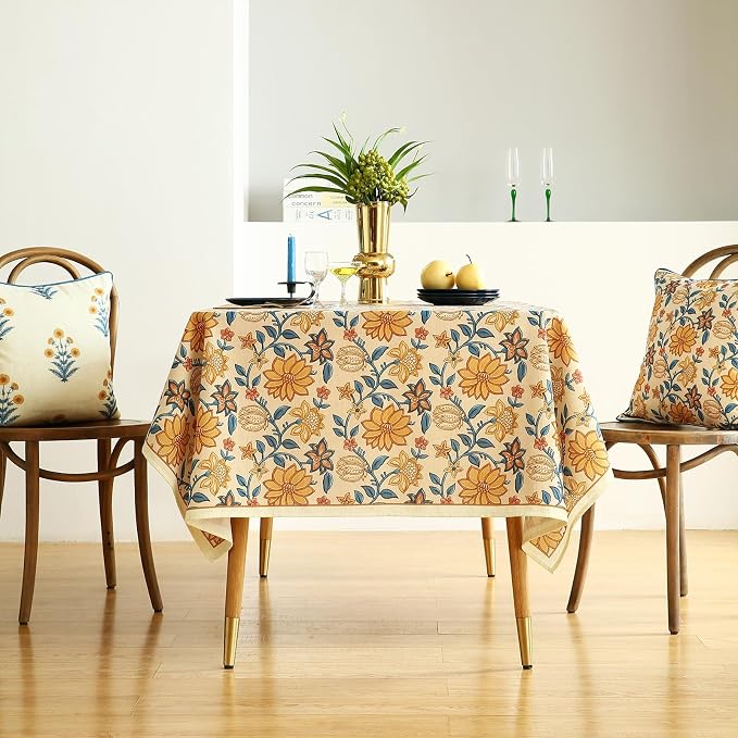 ISAENNE Designer Vintage Linen Rectangular Tablecloth,71"x55"-Estevan B | French Elegant Printed Table Cloth for Rectangle Table,Orange Floral Pattern,Dining Room,Kitchen,Tea Party,Thanksgiving