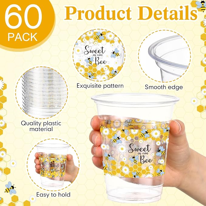 Funnymoom 60 Pack Bee Theme Cup 12 oz Honeycomb Disposable Clear Plastic Drinking Cups Bulk for Bee Day Birthday Baby Shower Party Decorations Favors