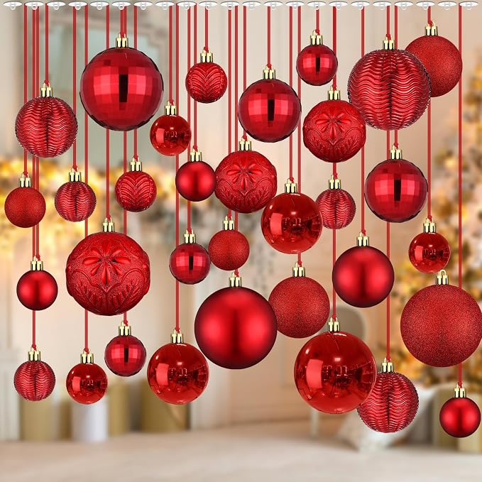 36 Pcs Christmas Balls Ornaments for Ceiling, 1.6'' 2.4'' 3.2'' Large Big Shatterproof Christmas Hanging Decorations Balls for Tree Xmas Holiday Party Indoor(Red)