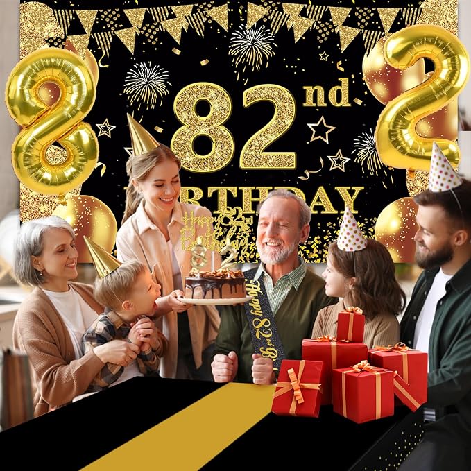 82nd Birthday Decorations Men Women with Banner, Black and Gold Table Cloth, Number Balloons, Sash, Cake Topper and Candles