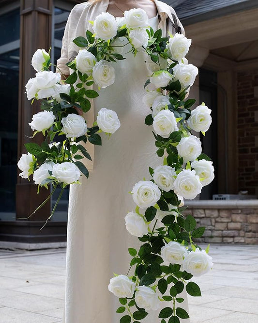 2Pcs 12Ft Bendable Artificial Flower Garland Faux Rose Vine Hanging Floral Garland for Wall Decor Trellis Fence Home Room Garden Wedding Decoration(White, 2pcs)