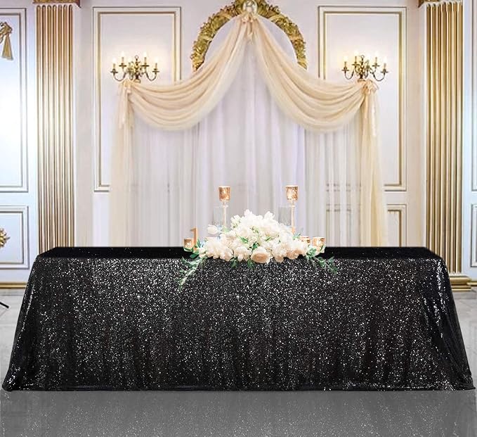 B-COOL Black Sequin Tablecloth 90x156inch Sparkly Sequin Table Linen Halloween Shiny Sequence Table Cloth Wedding Event Decor