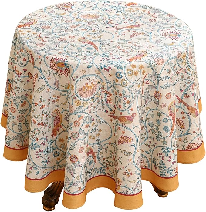 patdrea Vintage French Linen Tablecloth,Round,Diameter 67"-Magnolia | Colorful Elegant Table Cloth for Round Table,Yellow Floral Bird Print,Dining Room Tea Party Decoration,Durable