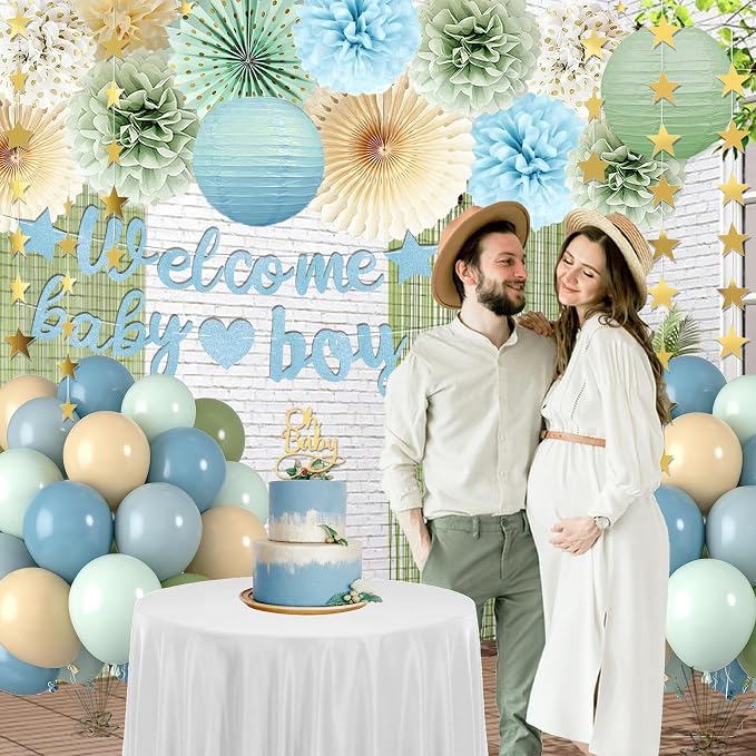 Dusty Blue Sage Green Baby Shower Decorations -Welcome Baby Boy Banner, Retro Sea-blue Green Balloons, 'Oh Baby' Cake Topper, Pom Poms Flowers Paper Fan For Birthday Jungle Boho Blue-Party Décor