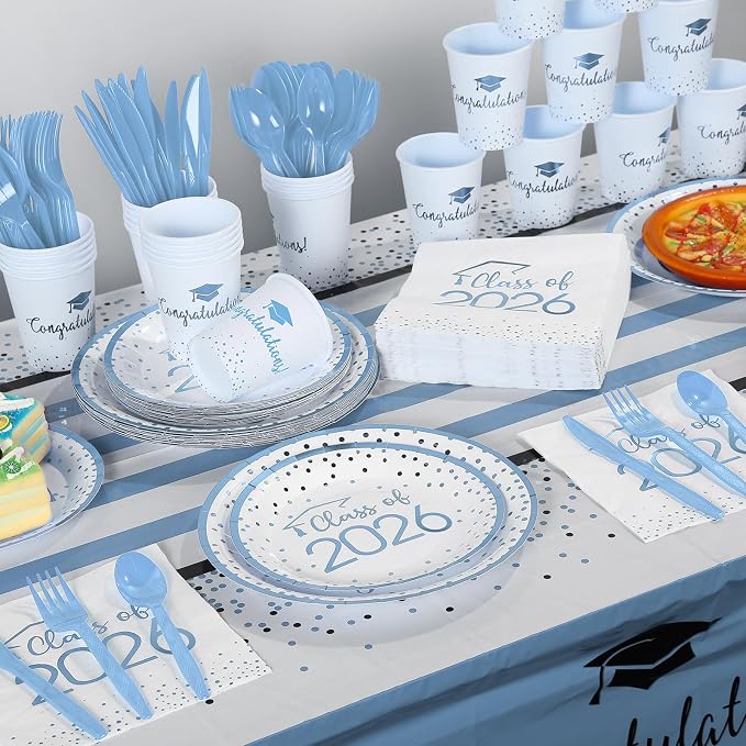 350pcs Class of 2026 Graduation Plates and Napkins Set, Disposable Paper Plate Set Polka Dots Napkins Cups Knife Fork Spoon for Graduation Party Decorations and Supplies,Serve 50(White LightBlue)