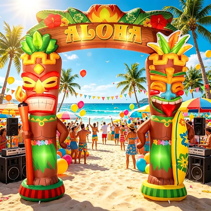 10Ft Hawaiian Tiki Inflatables Luau Party Inflatable Decor Tiki Inflatable Arch with Built-in LED Lights Blow Up Archway Decor for Summer Tropical Aloha Birthday Beach Pool Party Yard Lawn Supplies