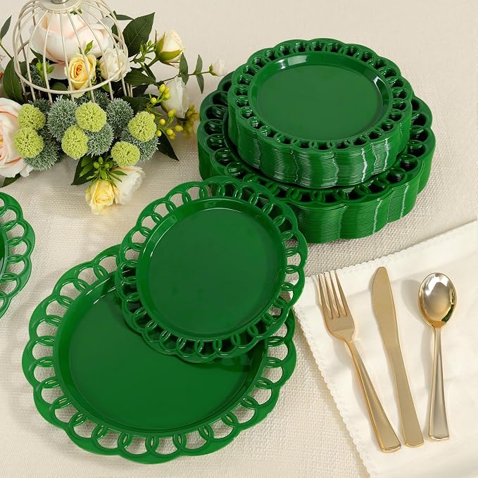 COLOSUS 60pcs Green Plastic Christmas Plates Set,Elegant Lace Rim Disposable Plates,Nice Plastic Plate for Party include 30 Dinner Plates and 30 Dessert Plates for Party,Wedding