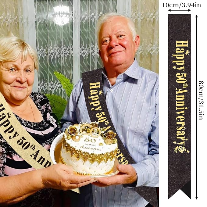 50th Anniversary Decorations Gold Crown and Glitter Sash Set 50th Wedding Anniversary Decorations Gifts for Couple Happy Anniversary Party Supplies for Couple