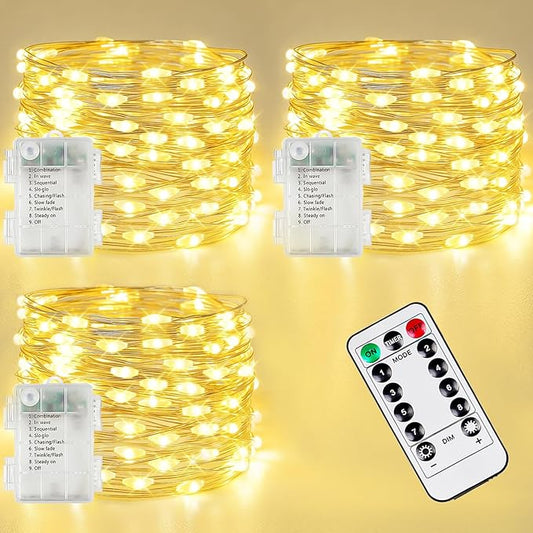 3 Pack Fairy Lights Battery Operated with Remote, 120LED 40FT Twinkle Lights Waterproof Outdoor Indoor Decor, 8 Modes Battery String Light Timer for Christmas Party Wedding Home DIY Décor(Warm White)