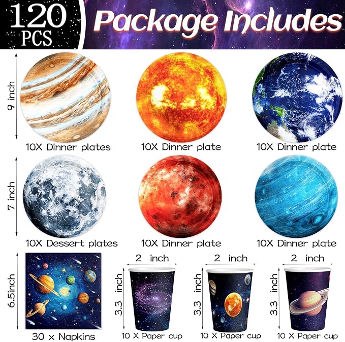 120Pcs Space Theme Party Decorations Outer Space Birthday Party Supplies Galaxy Planet Outer Space Disposable Plates Napkins for Kids Space Solar System Planets Birthday Party Decorations 30 Guests