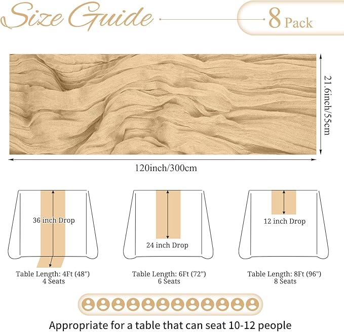 8 Pack Beige Cheesecloth Table Runner 10FT Boho Gauze Cheese Cloth Table Runner Rustic Sheer Fabric Table Runners for Wedding Bridal Shower Baby Shower Party(21.5×120 Inch)