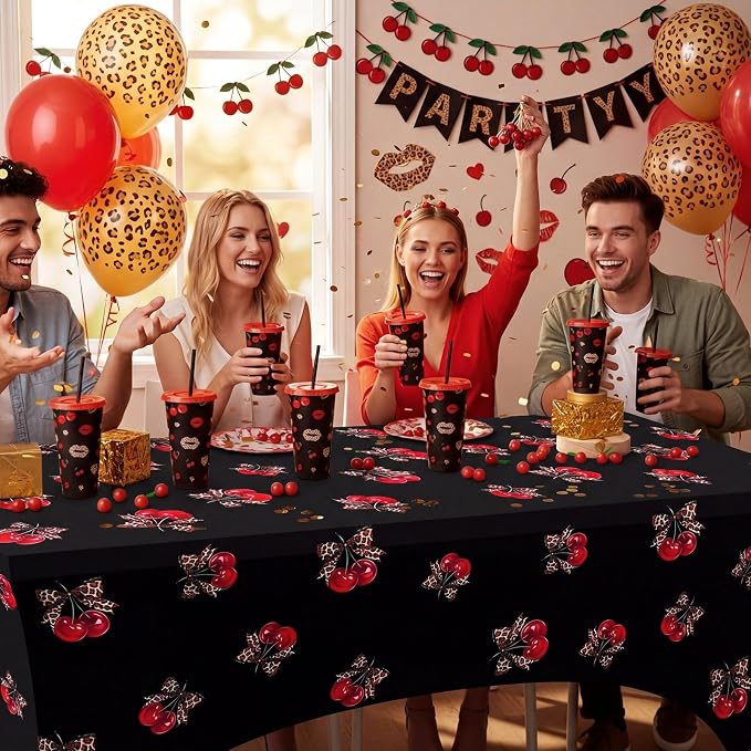 Frienda 1 Pcs Cheetah and Cherry Tablecloth Birthday Party Decorations Spandex Stretch 71 x 30'' Red and Black Cherry Table Cloth Rectangle Table Cover for Birthday Baby Shower Wedding Party Favors