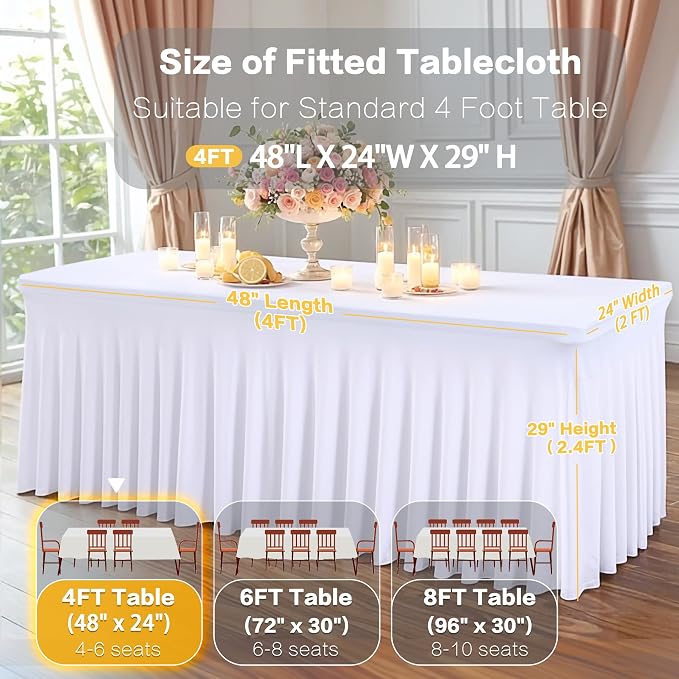 Shillance 2 Packs White Spandex Table Covers 4 Foot, Fitted Stretch Table Cloth with Skirts 48x24 Inch, Wrinkle-Free Floor Length Rectangle Tablecloths for Weddings Parties Banquets Events