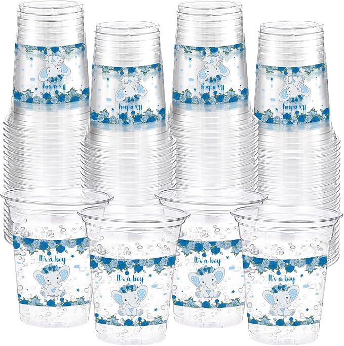 Funnymoom 60 Pack Blue Elephant Baby Shower Cups It's a Boy 12 oz Disposable Clear Plastic Blue Baby Shower Cups for Boy Birthday Gender Reveal Elephant Theme Party Decoration Supplies