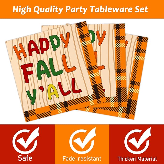chiazllta 96 Pcs Thanksgiving Party Paper Plate and Napkins Fall Tableware Kit Disposable Plates Napkins Set Thanksgiving Plaid Decorations Paper Plates Napkins Forks for Party Favors 24 Guests