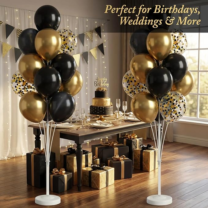 Balloon Column Stand Kit,2 Sets of Assorted Rainbow Balloon Tower Pillar with 10inch Bright Color baloon Reusable Design for Grirls Party,Birthday, Wedding,Baby Shower (Black Gold Confetti)