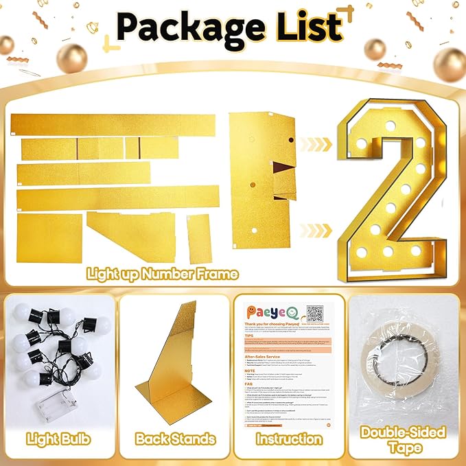 Number 2 Marquee, 4FT Light Up Numbers Gold Large Number 2 Marquee Mosaic Numbers for 2nd Birthday, Giant Marquee Number 4 Feet Tall DIY Frame Pre-Cut Foam Board Kit for Graduation Anniversary Party