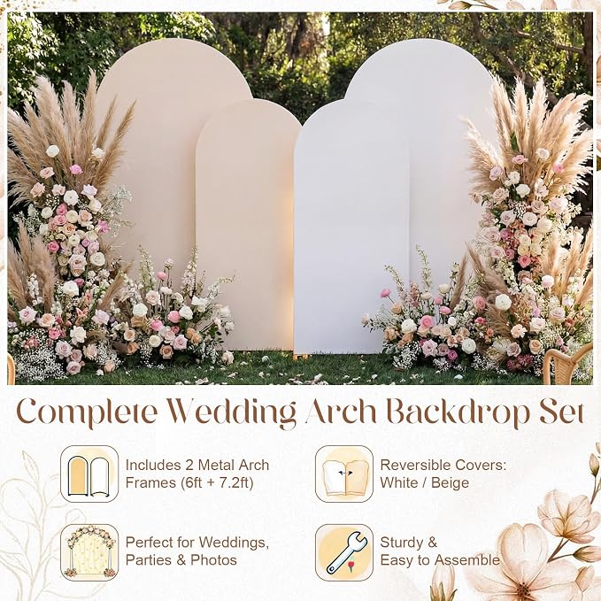 Tegeme 2 Pack Backdrop Stand with Reversible Covers 7.2ft 6ft Metal Arch Frame for Birthday Wedding Bridal Baby Shower Anniversary