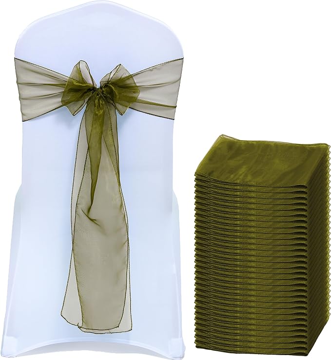 MDS® Pack of 50 Organza Chair Sashes for Wedding Decoration, Reusable Sheer Chair Bows for Banquet Chair Cover, Reception, Bridal Shower, Baby Shower, Birthday Party & Special Events - Olive Green