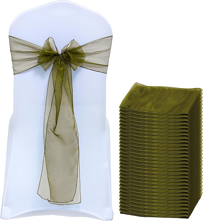 MDS® Pack of 25 Organza Chair Sashes for Wedding Decoration, Reusable Sheer Chair Bows for Banquet Chair Cover, Reception, Bridal Shower, Baby Shower, Birthday Party & Special Events - Olive Green