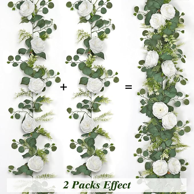 4 Pack 6.23 FT Artificial Eucalyptus Garlands with White Roses,Faux Floral Greenery Garlands Fake Rose Flowers Vines Garlands for Wedding Table Centerpieces Arch Party Ceremony Backdrop Decor