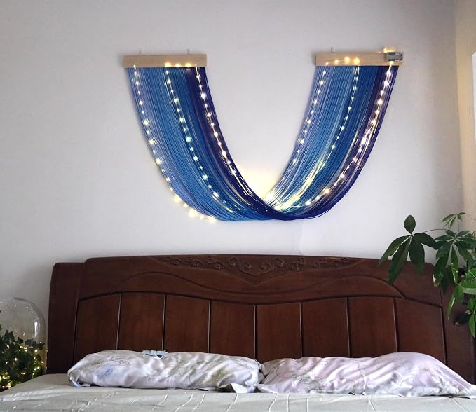 Macrame Fairy Lights Battery Operated with Remote & Timer, Blue Gradient | Handwoven Wall Hanging with 20ft 100 LEDs Warm White Timer String Lights for Bedroom,Living Room,Party,Wedding,Christmas Deco