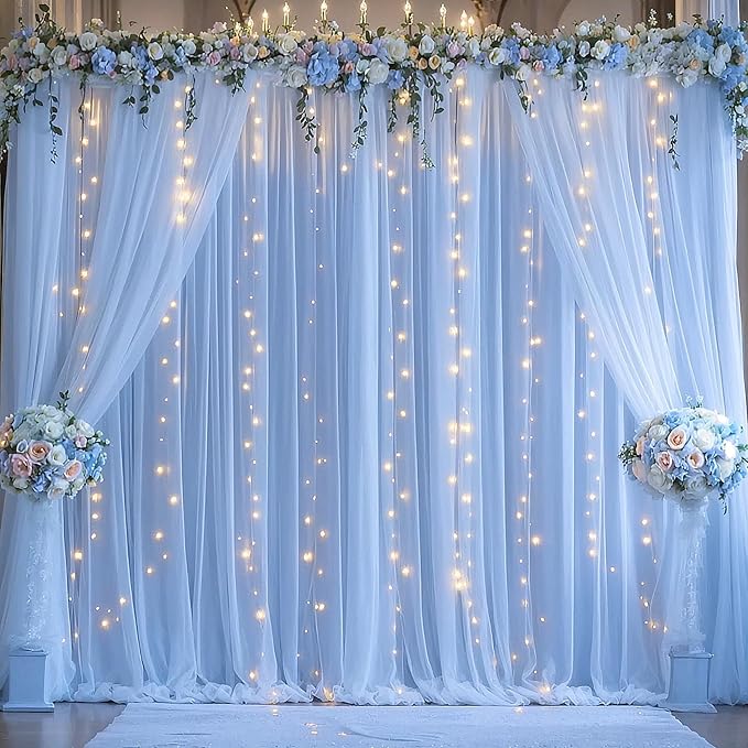 10×12ft Baby Blue Sheer Tulle Backdrop Curtains with Lights String for Parties Baby Shower Decorations for Boy Bridal Shower Birthday Party Photo Shoot Background Wall Decorations 2 Panels 5×12ft