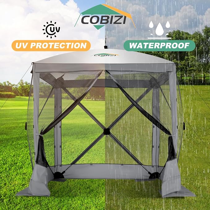 COBIZI 6x6 FT Pop up Gazebo, Popup Canopy Tent, Waterproof Screened in Gazebos,Portable Outdoor Small Screen Tents Sun Shelter,carpas para Patio for Camping, Garden and Backyard,Gray