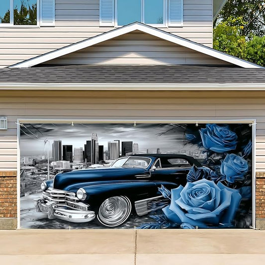 Lowrider Car Garage Door Banner Cover 7x16FT Waterproof – Vintage Blue Convertible & Blue Roses Backdrop with City Skyline,Outdoor Decor for Chicano Party,Car Show,Lowrider Birthday,Photo Booth