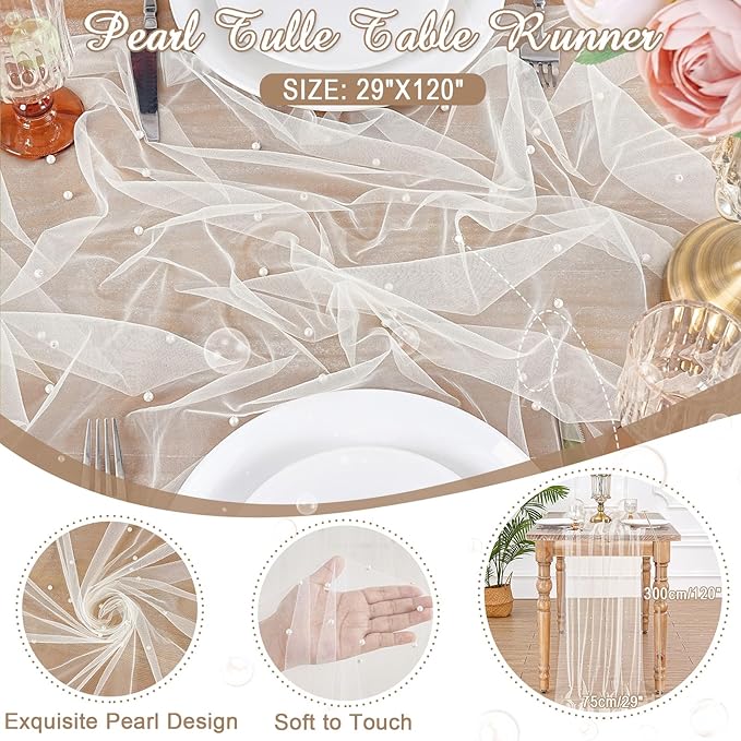 LuoluoHouse Pearl Tulle Table Runner Fabric: Beige 10ft Wedding Veil Seasonal Dessert Chiffon Pearl Lace Boho Overlay Wedding Aisle Runner Party Decorations Doilies 3pcs