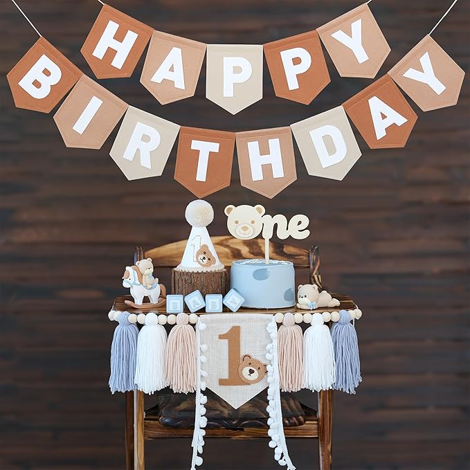 DCJHFJ Bear First Brown Felt Happy Birthday High Chair Banner Pre-strung Birthday Hanging Decoration with Birthday Hat One Cake Topper for 1st Birthday Party Decor