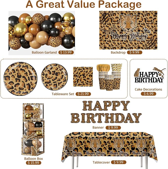 224 Pcs Cheetah Print Birthday Decorations,Cheetah Birthday Balloons Cake Plates and Napkins Set Decorations Leopard Print Backdrop Decorations for Party