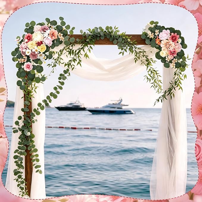2 Pcs Wedding Arch Decorations - Reusable Artificial Hanging Flowers Floral Swag Greenery Garland for Wedding Welcome Sign Backdrop Bridal Ceremony Reception Backdrop Decoration(Green+Pink)