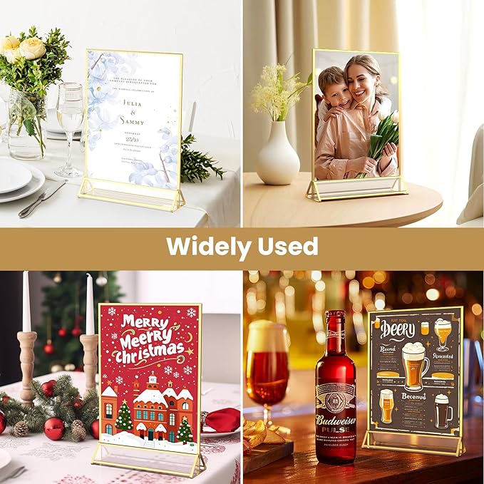 Gold Frames 5X7 Acrylic Sign Holder Double-Sided Tabletop Picture Frames for Menu, Wedding Table Number, Christmas Photos - 12 Pack With Removable Sticky Dots
