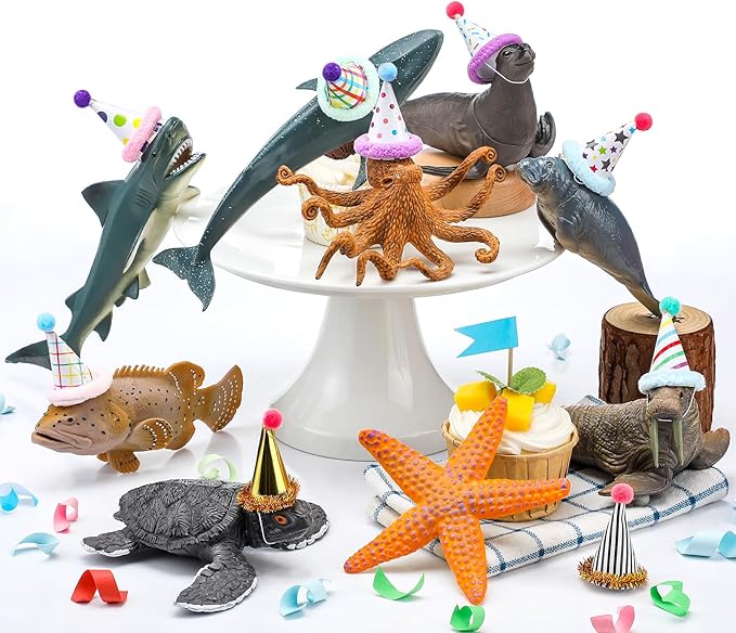 Colingmill 18 Pcs Sea Animal Birthday Party Decorations Mini Birthday Hat Animal Figure Model Cake Toppers with Mini Hat for Animals Themed Party