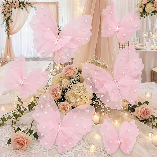 Geelin 6 Pcs Large Pink Pearl Butterfly Decorations Mariposas Grandes para Decoracion Big Butterfly Party Decor 20 Inch 12 Inch 3D Silk Butterflies for Baby Shower Birthday Party Wedding Decor