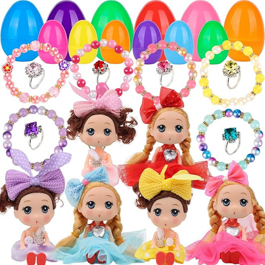 12 Pack Easter Basket Essentials Fillers Gifts with Cute Dolls and Colorful Bracelets Inside, Gifts for Kids Prefilled Easter Egg Stuffers for Toddler Girls Easter Party Favors Surprise Eggs