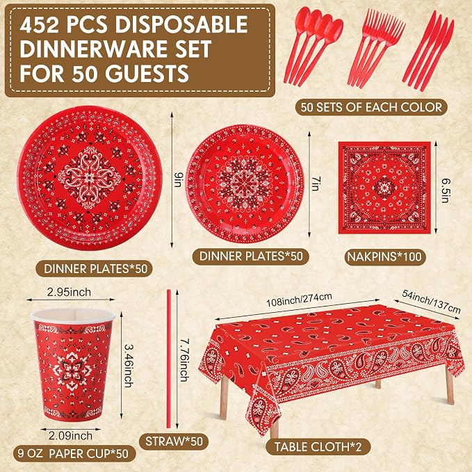 Funnymoom 452 Pcs Red Bandana Western Party Decorations for 50 Guests, Red Bandana Paper Plates Cups Napkins Tablecloth Cutlery Straws for Cowboy Cowgirl Farm Baby Shower Birthday Party Supplies