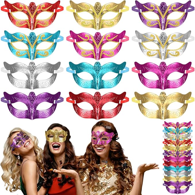 VioraWhite 60 Pack Multicolored Masquerade Mask Gold Shining Plated Mardi Gras Mask for Purim Mardi Gras Wedding Party