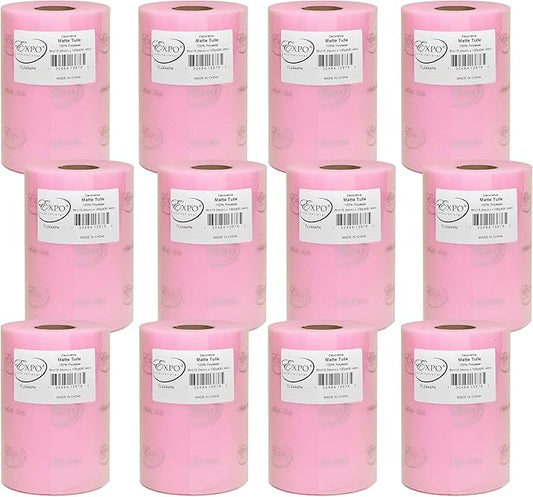 Expo International Decorative Matte Tulle, Roll/Spool of 6” X 100 Yards, Lightweight Polyester Tulle Fabric for Tutus, Costumes, and Party Decorations, Washable, Easy-to-Use, Pack of 12, Pink