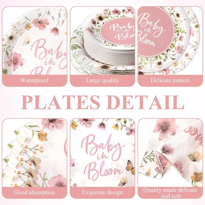 LemonRoad 452 Pcs Pink Baby in Bloom Decoration for 50, Floral Girl Baby Shower Paper Plates Napkins Cups Tablecloth Cutlery Straws Disposable Tableware for Spring Wildflower Babys Shower Party Supply