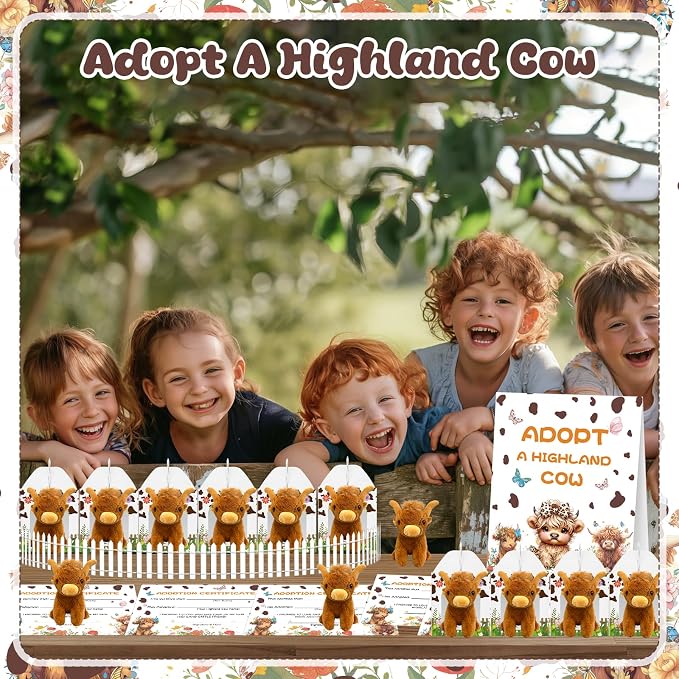 38 Pcs Adopt a Highland Cow Plush Party Favors Include 12 Highland Cows Stuffed Animal 12 Adoption Card 12 Cattle Theme Boxes 1 Adoption Sign 1 Fence for Birthday Party Favors Stress Relief Gifts