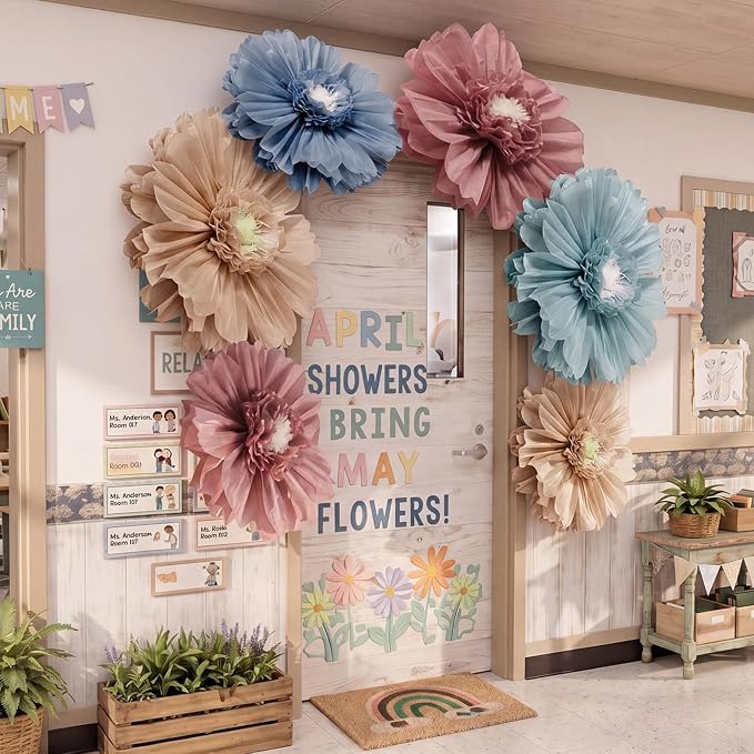 Giegxin 6 Pcs 31.5", 24" Boho Giant Paper Flowers Back to School Bulletin Board Decoration Large Pink Blue Classroom Tissue Flowers for Wall DIY Photo Backdrop Classroom First Day of School Party