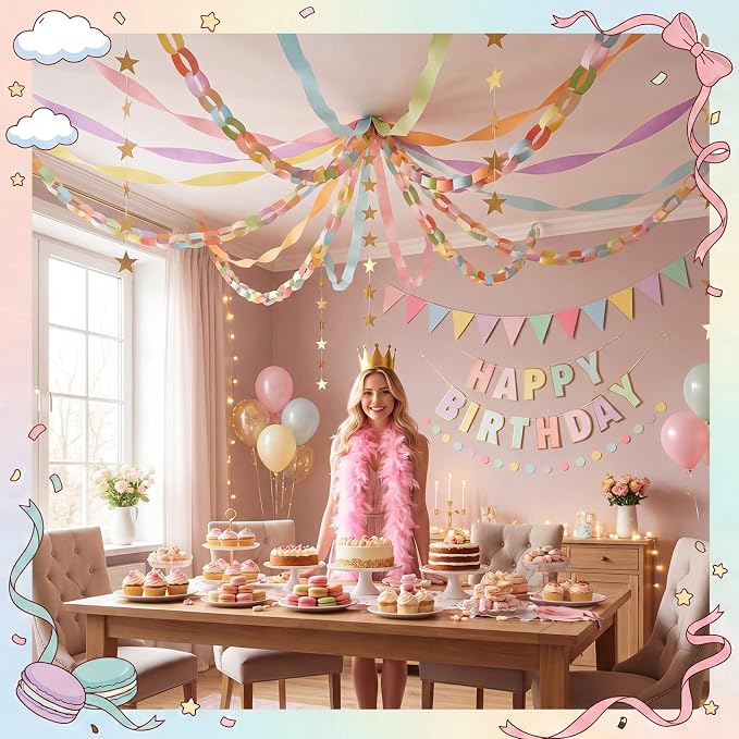 Mifoci 313 Pcs Happy Birthday Decorations Kit 300 Sheets Paper Chains Strips Birthday Felt Banner 492 ft Crepe Paper Streamers 52.4ft Star Garlands for Party Supplies DIY Crafts (Macaron Colors)
