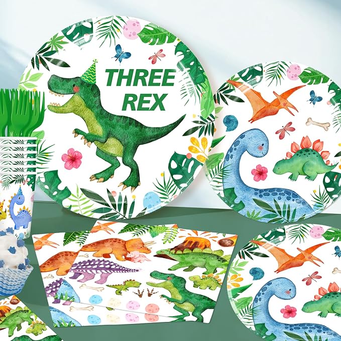 Three Rex Birthday Decorations Boy - 187 Pieces Set for 25 Guests, Includes Tableware, Banner, Hanging, Balloon, Cupcake Topper, Tablecloth- Perfect for 3rd Birthday & Dinosaur Theme Parties