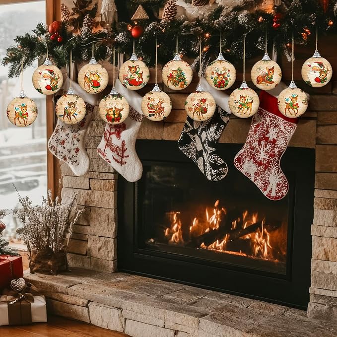 Outus 16 Pcs Christmas Tree Ball Ornaments Vintage Christmas Reindeer Decorations for Tree Colorful Xmas Decorative Hanging Ornaments for Farmhouse Home Fireplace Decoration Holiday Party Favors