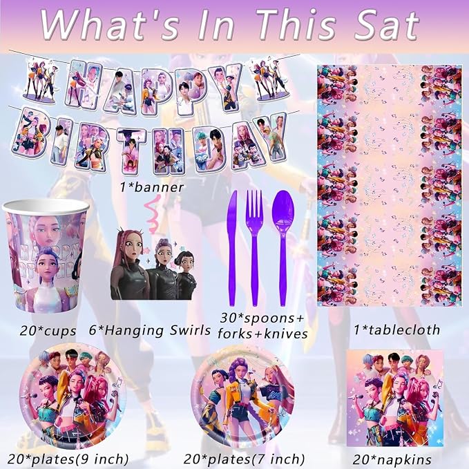 118 Psc For K Pop Demon Birthday Party Supplies Set, Demon Theme, Plates, Cups, Utensils, Napkins, Tablecloth