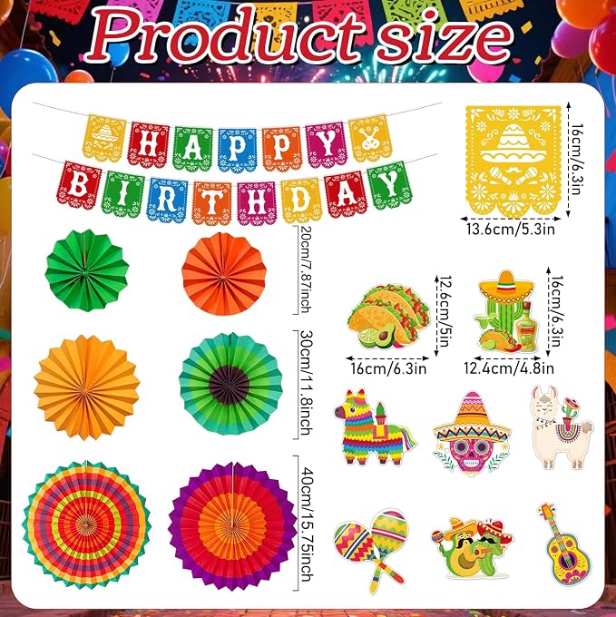 Rakuto Mexican Fiesta Party Decorations, 16PCS Mexican Happy Birthday Banners with Hanging Swirls Decorations, Taco Themed Paper Fans Bday Decor Supplies