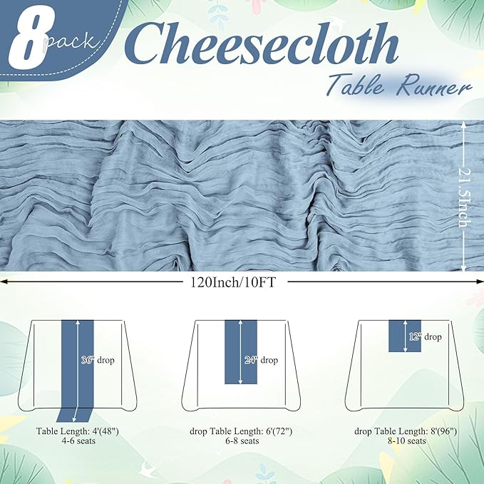 8 Pack Dusty Blue Cheesecloth Table Runner 10FT Long Boho Gauze Fabric Table Runner Vintage Rustic Sheer Runners for Wedding Party Bridal Baby Shower Table Decorations